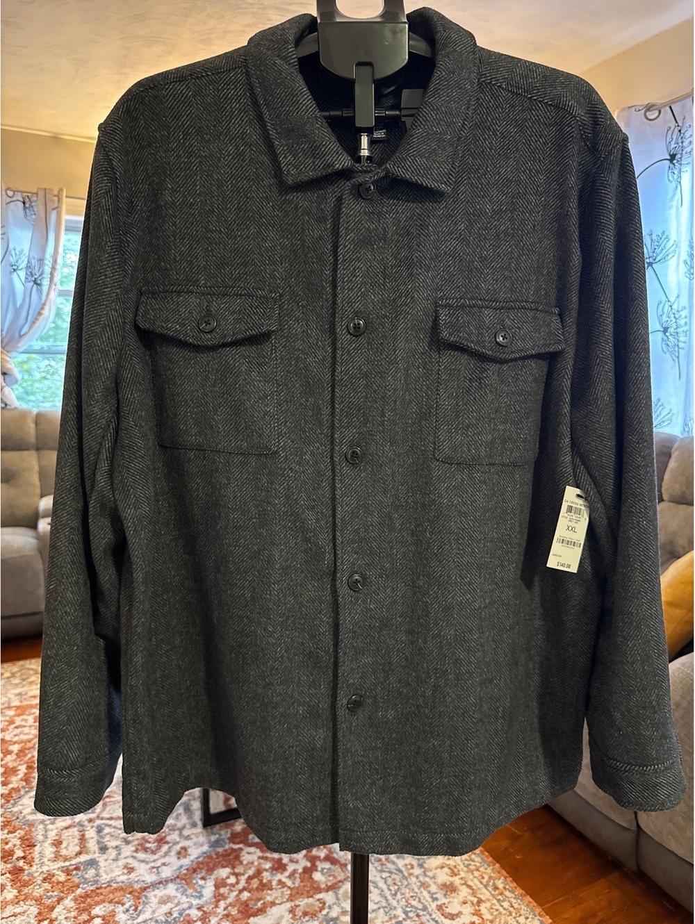 Alfani XXL grey button-up shirt in wool-blend, classic pattern, chest pockets.
